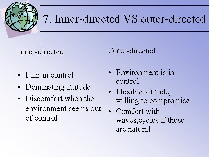 7. Inner-directed VS outer-directed Inner-directed Outer-directed • Environment is in • I am in