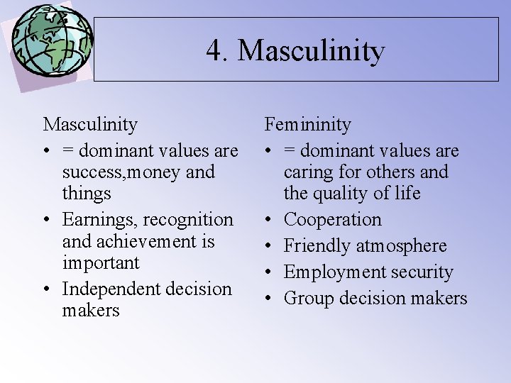 4. Masculinity • = dominant values are success, money and things • Earnings, recognition