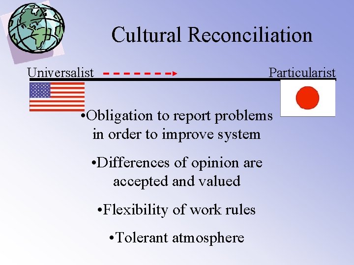 Cultural Reconciliation Universalist Particularist • Obligation to report problems in order to improve system