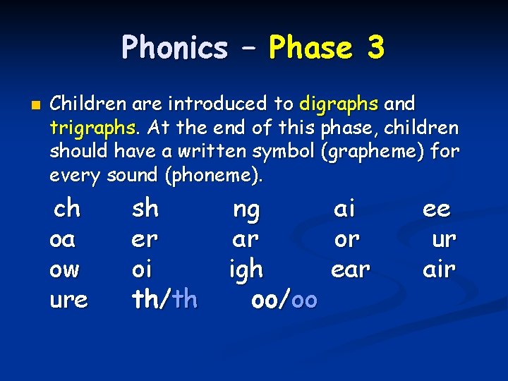 Phonics – Phase 3 n Children are introduced to digraphs and trigraphs. At the