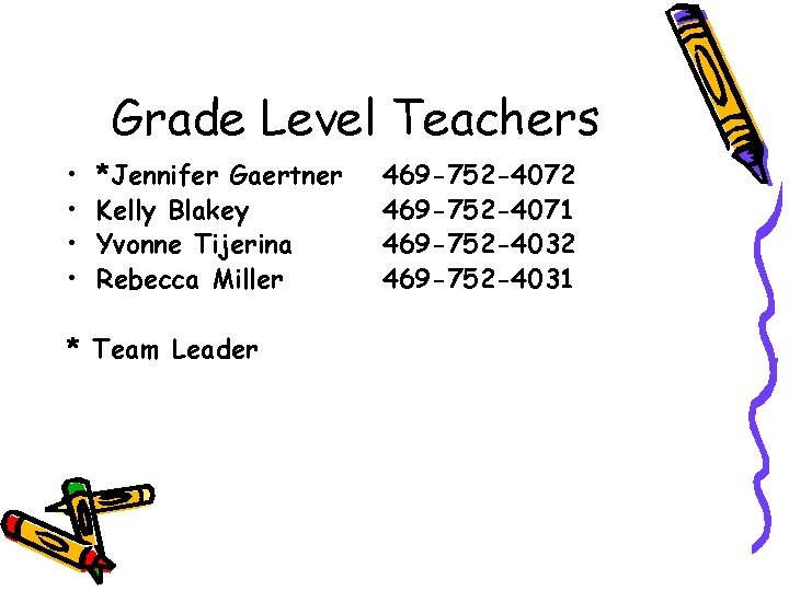 Grade Level Teachers • • *Jennifer Gaertner Kelly Blakey Yvonne Tijerina Rebecca Miller *