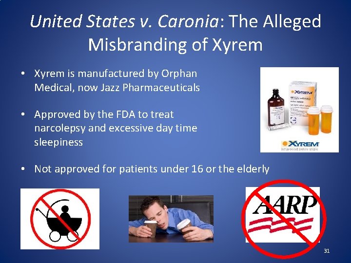 United States v. Caronia: The Alleged Misbranding of Xyrem • Xyrem is manufactured by