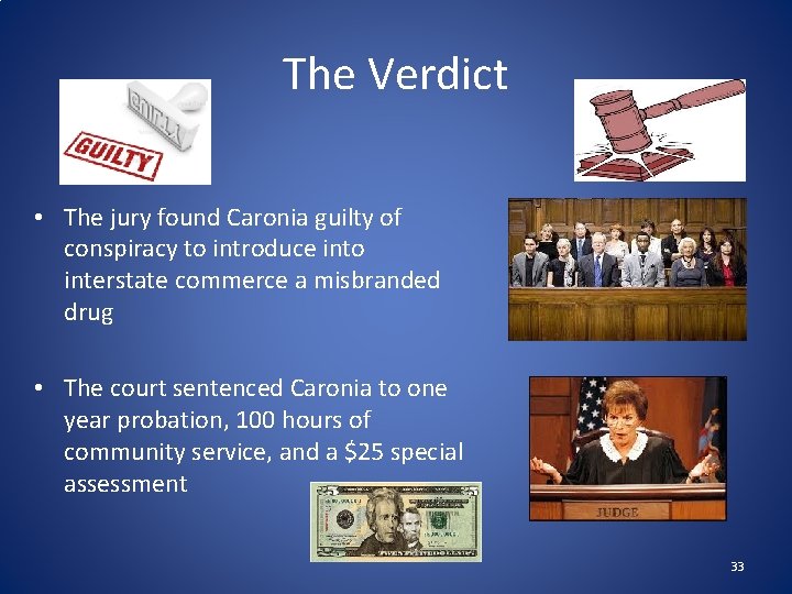 The Verdict • The jury found Caronia guilty of conspiracy to introduce into interstate