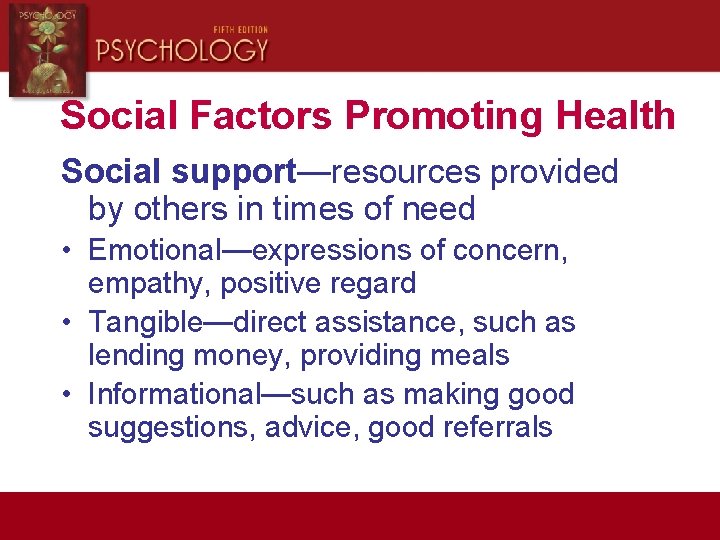 Social Factors Promoting Health Social support—resources provided by others in times of need •