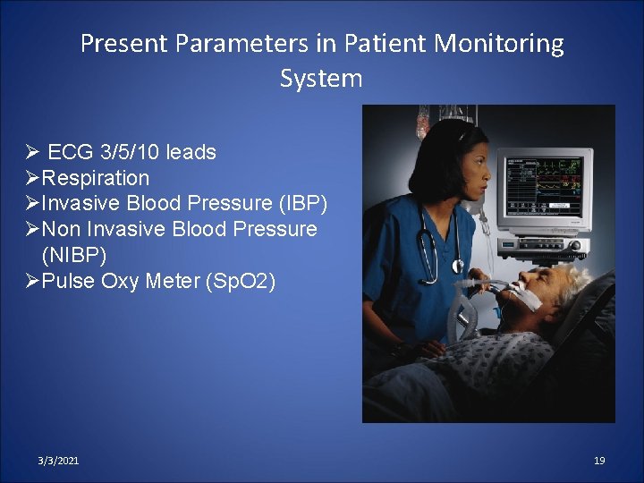 Present Parameters in Patient Monitoring System Ø ECG 3/5/10 leads ØRespiration ØInvasive Blood Pressure