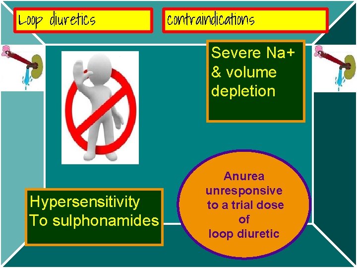 Loop diuretics contraindications Severe Na+ & volume depletion Hypersensitivity To sulphonamides Anurea unresponsive to