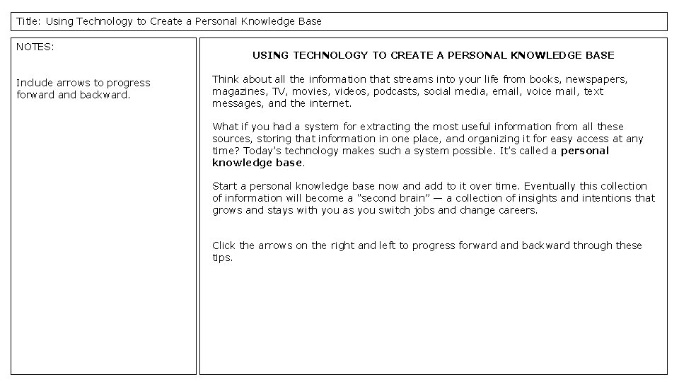 Title: Using Technology to Create a Personal Knowledge Base NOTES: Include arrows to progress