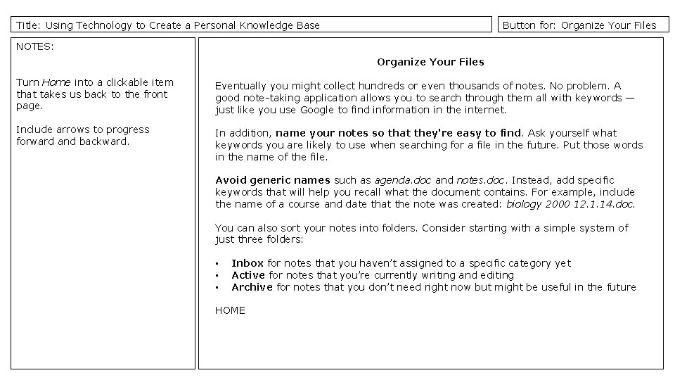 Title: Using Technology to Create a Personal Knowledge Base Button for: Organize Your Files