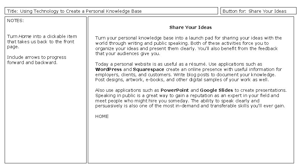 Title: Using Technology to Create a Personal Knowledge Base Button for: Share Your Ideas