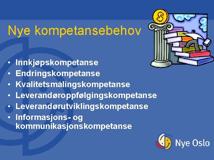 Nye kompetansebehov • • • Innkjøpskompetanse Endringskompetanse Kvalitetsmålingskompetanse Leverandøroppfølgingskompetanse Leverandørutviklingskompetanse Informasjons- og kommunikasjonskompetanse Nye kompetansebehov • • • Innkjøpskompetanse Endringskompetanse Kvalitetsmålingskompetanse Leverandøroppfølgingskompetanse Leverandørutviklingskompetanse Informasjons- og kommunikasjonskompetanse