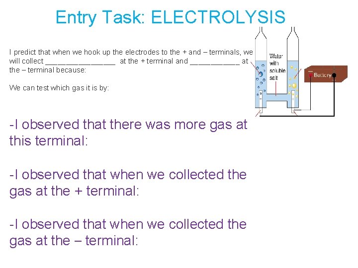 Entry Task: ELECTROLYSIS I predict that when we hook up the electrodes to the