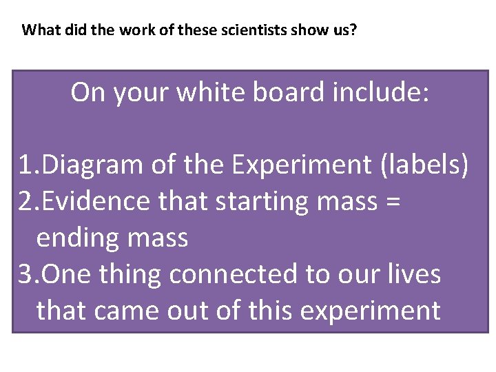 What did the work of these scientists show us? On your white board include: