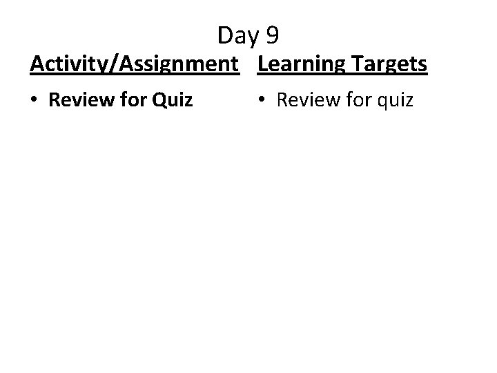 Day 9 Activity/Assignment Learning Targets • Review for Quiz • Review for quiz 