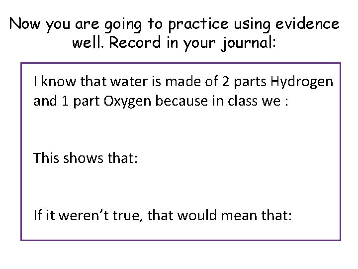 Now you are going to practice using evidence well. Record in your journal: I