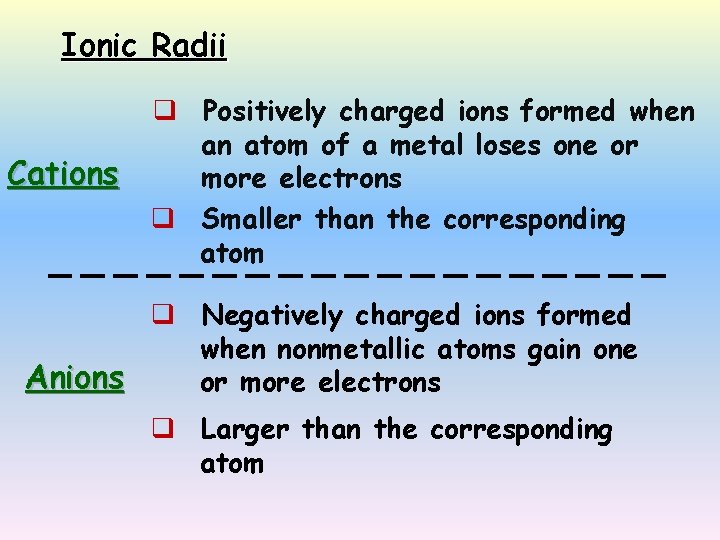Ionic Radii Cations q Positively charged ions formed when an atom of a metal