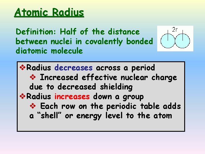 Atomic Radius Definition: Half of the distance between nuclei in covalently bonded diatomic molecule