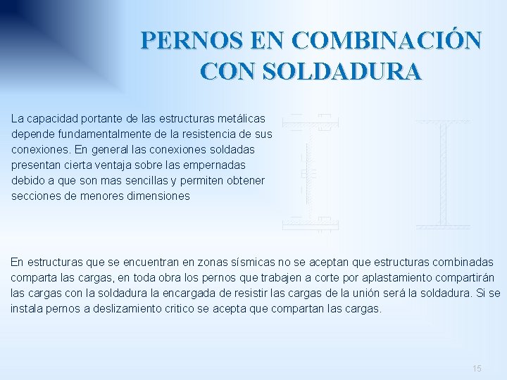 PERNOS EN COMBINACIÓN CON SOLDADURA La capacidad portante de las estructuras metálicas depende fundamentalmente