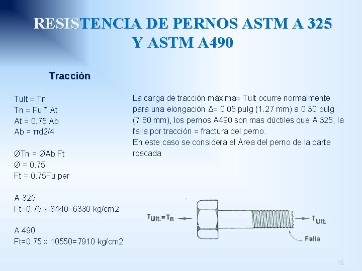 RESISTENCIA DE PERNOS ASTM A 325 Y ASTM A 490 Tracción Tult = Tn