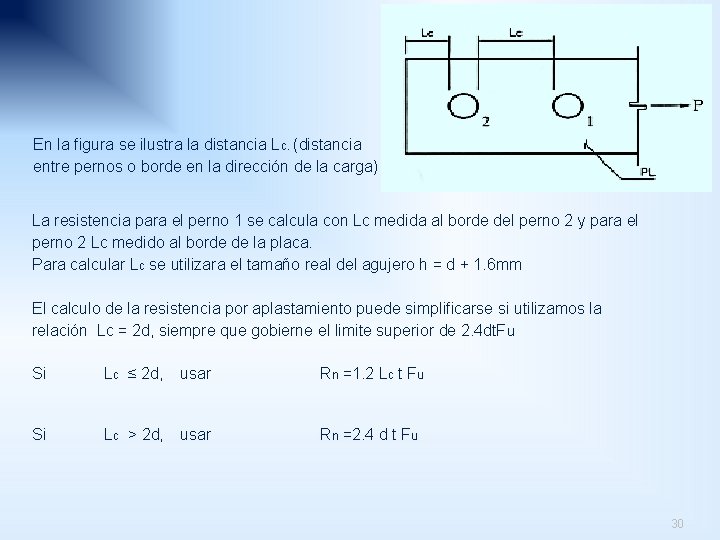 En la figura se ilustra la distancia Lc. (distancia entre pernos o borde en