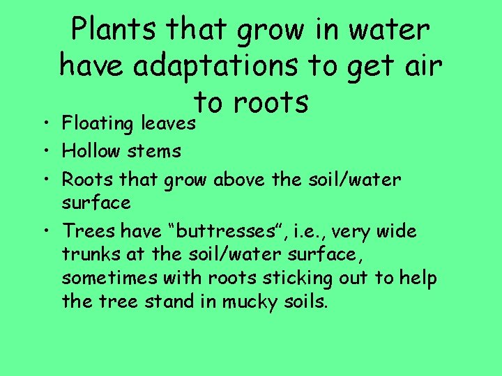 Plants that grow in water have adaptations to get air to roots • Floating
