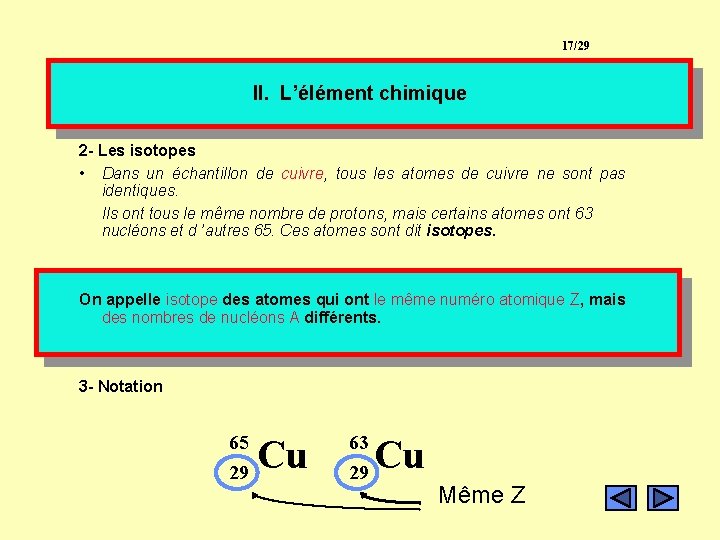 17/29 II. L’élément chimique 2 - Les isotopes • Dans un échantillon de cuivre, 17/29 II. L’élément chimique 2 - Les isotopes • Dans un échantillon de cuivre,