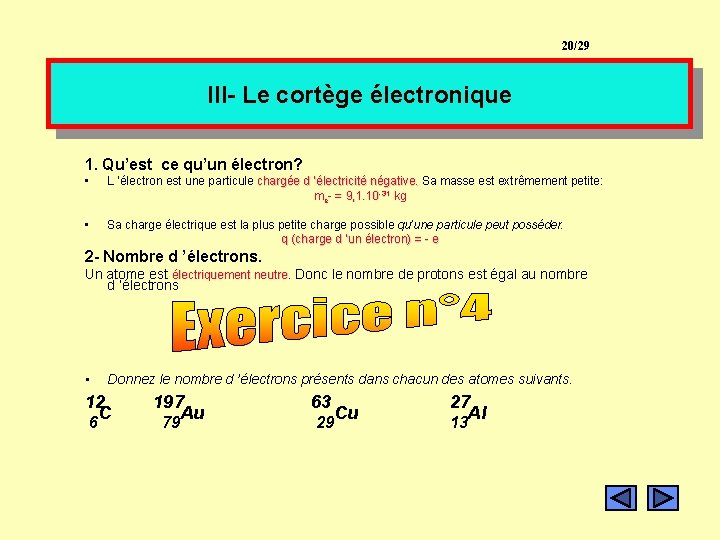 20/29 III- Le cortège électronique 1. Qu’est ce qu’un électron? • L ’électron est 20/29 III- Le cortège électronique 1. Qu’est ce qu’un électron? • L ’électron est