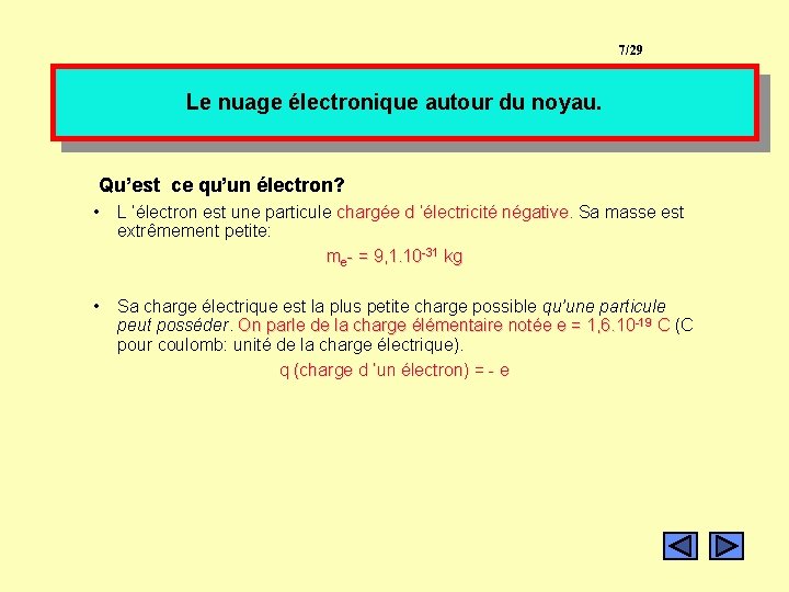 7/29 Le nuage électronique autour du noyau. Qu’est ce qu’un électron? • L ’électron 7/29 Le nuage électronique autour du noyau. Qu’est ce qu’un électron? • L ’électron