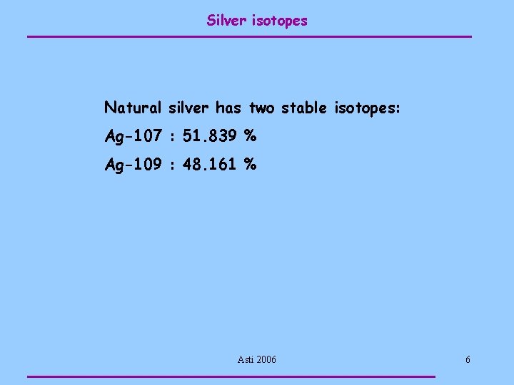 Silver isotopes Natural silver has two stable isotopes: Ag-107 : 51. 839 % Ag-109