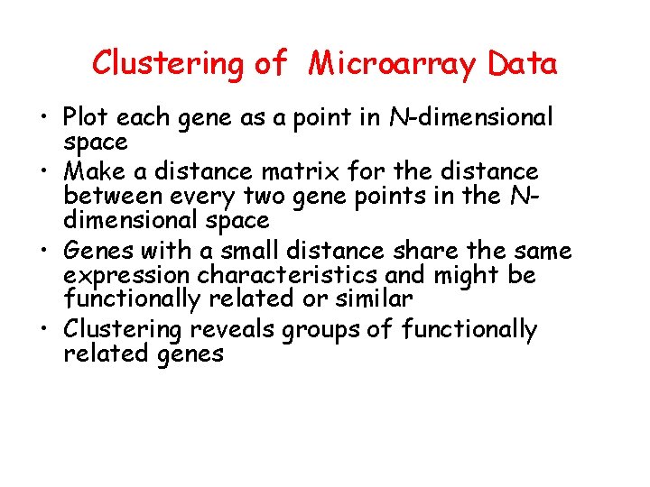Clustering of Microarray Data • Plot each gene as a point in N-dimensional space