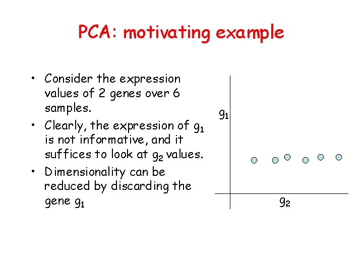 PCA: motivating example • Consider the expression values of 2 genes over 6 samples.