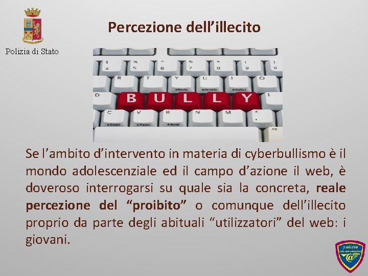 Percezione dell’illecito Polizia di Stato Se l’ambito d’intervento in materia di cyberbullismo è il