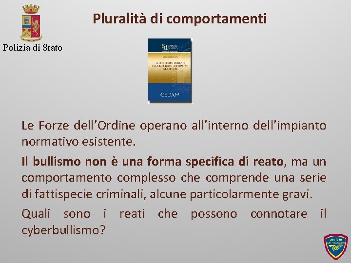 Pluralità di comportamenti Polizia di Stato Le Forze dell’Ordine operano all’interno dell’impianto normativo esistente.