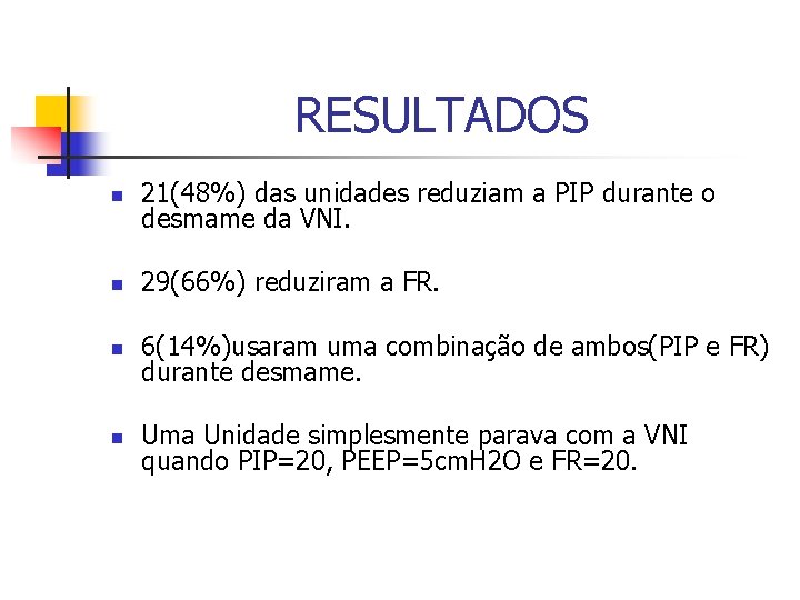 RESULTADOS n 21(48%) das unidades reduziam a PIP durante o desmame da VNI. n