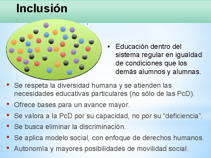 Inclusión • Educación dentro del sistema regular en igualdad de condiciones que los demás