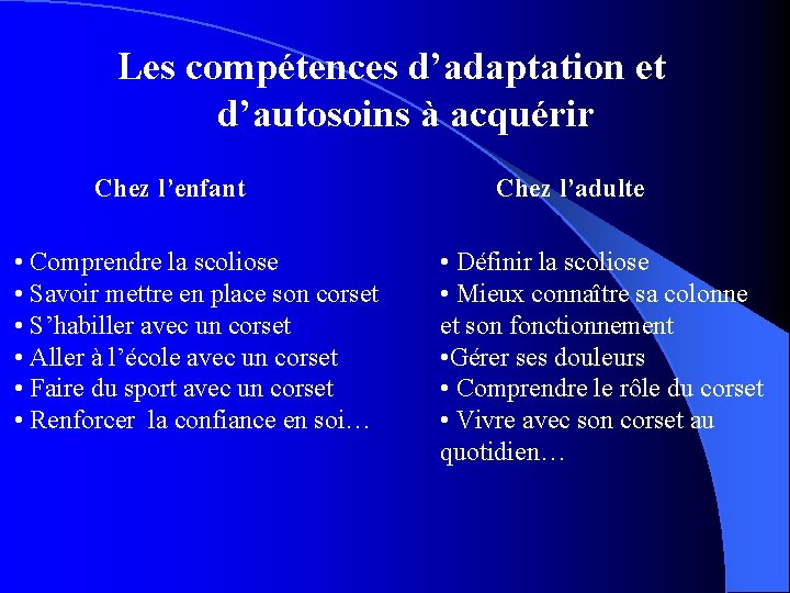 Les compétences d’adaptation et d’autosoins à acquérir Chez l’enfant • Comprendre la scoliose •