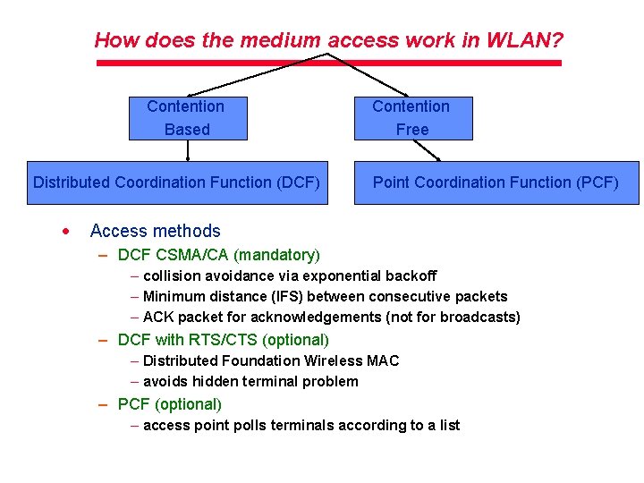 How does the medium access work in WLAN? Contention Based Distributed Coordination Function (DCF)