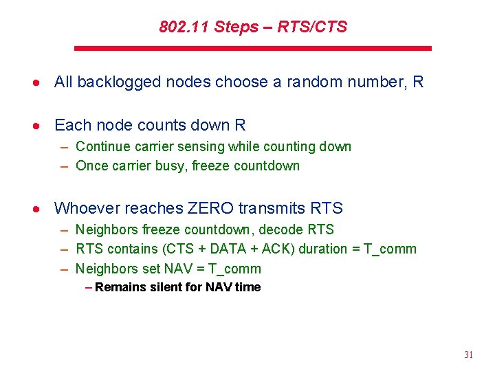802. 11 Steps – RTS/CTS · All backlogged nodes choose a random number, R