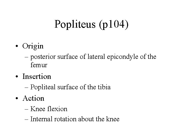 Popliteus (p 104) • Origin – posterior surface of lateral epicondyle of the femur