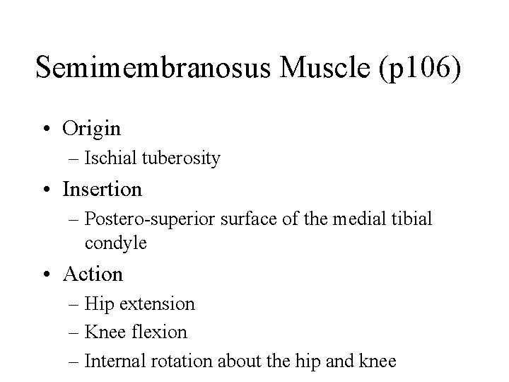 Semimembranosus Muscle (p 106) • Origin – Ischial tuberosity • Insertion – Postero-superior surface