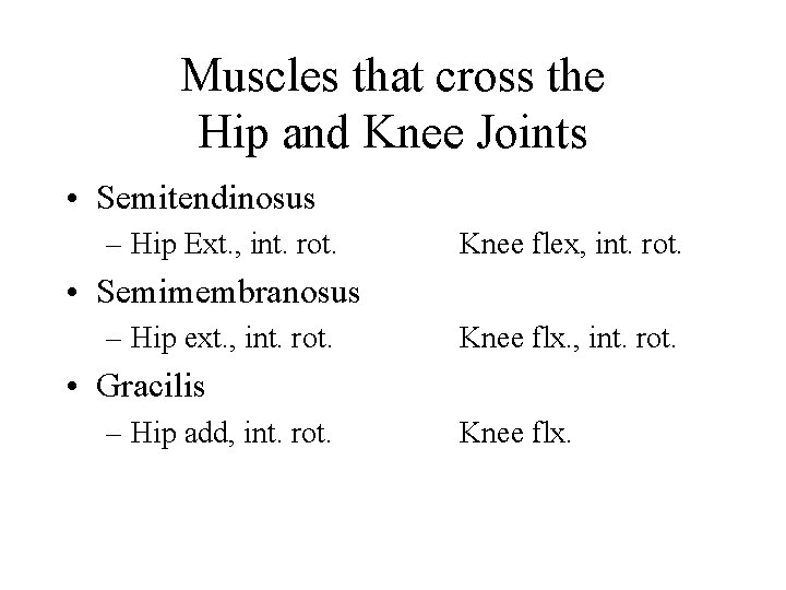 Muscles that cross the Hip and Knee Joints • Semitendinosus – Hip Ext. ,