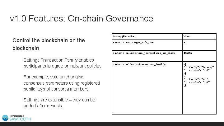 v 1. 0 Features: On-chain Governance Control the blockchain on the blockchain Settings Transaction
