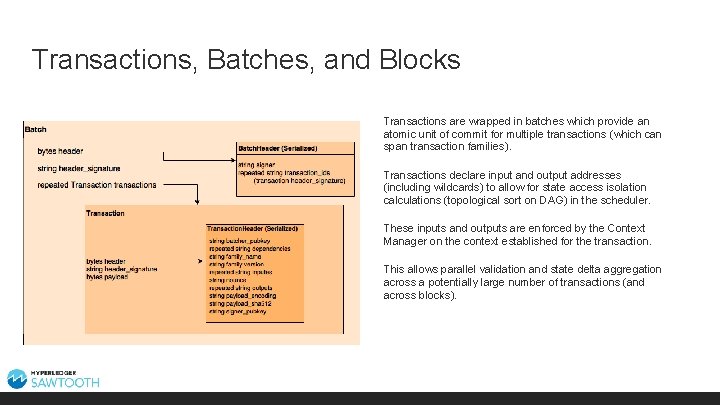 Transactions, Batches, and Blocks Transactions are wrapped in batches which provide an atomic unit