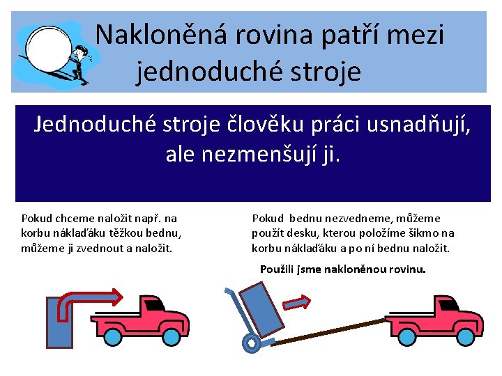 Nakloněná rovina patří mezi jednoduché stroje Jednoduché stroje člověku práci usnadňují, ale nezmenšují ji.