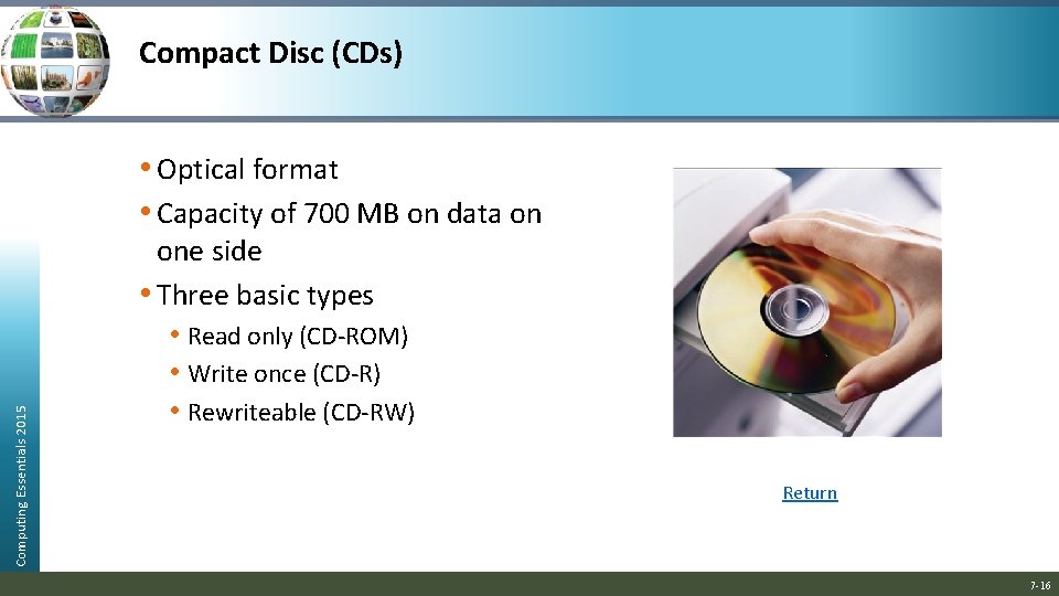 Compact Disc (CDs) Computing Essentials 2015 • Optical format • Capacity of 700 MB