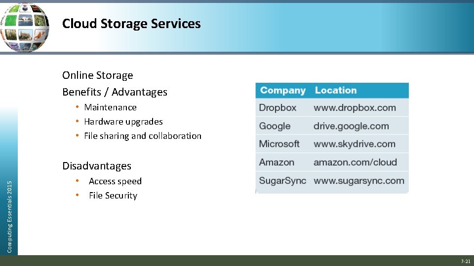Cloud Storage Services Online Storage Benefits / Advantages • Maintenance • Hardware upgrades •