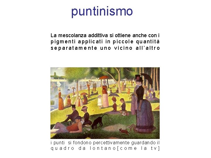 puntinismo La mescolanza addittiva si ottiene anche con i pigmenti applicati in piccole quantità