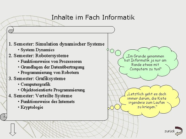 Inhalte im Fach Informatik 1. Semester: Simulation dynamischer Systeme • System Dynamics 2. Semester: