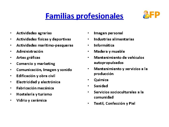 Familias profesionales • • • Actividades agrarias Actividades físicas y deportivas Actividades marítimo-pesqueras Administración