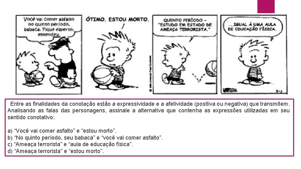 Entre as finalidades da conotação estão a expressividade e a afetividade (positiva ou negativa)