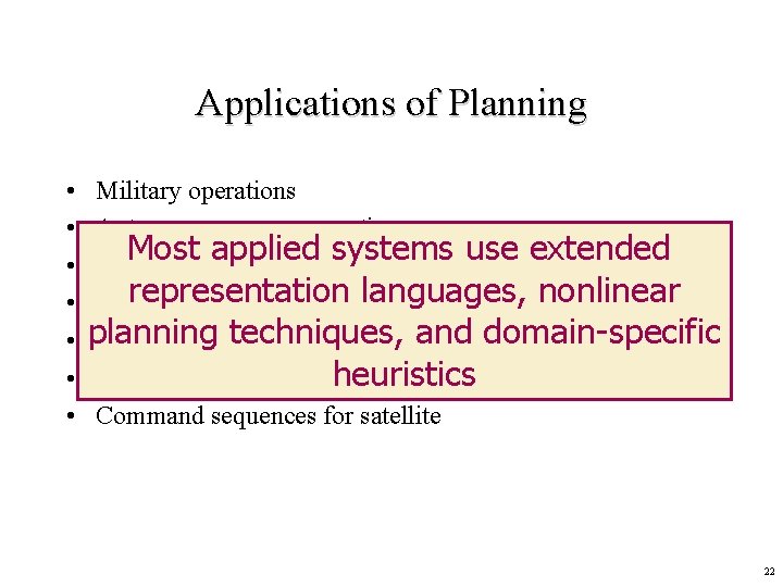 Applications of Planning • • Military operations Autonomous space operations Most applied systems use